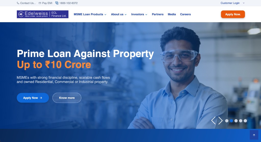 ECL Finance homepage featuring Prime Loan Against Property for MSMEs