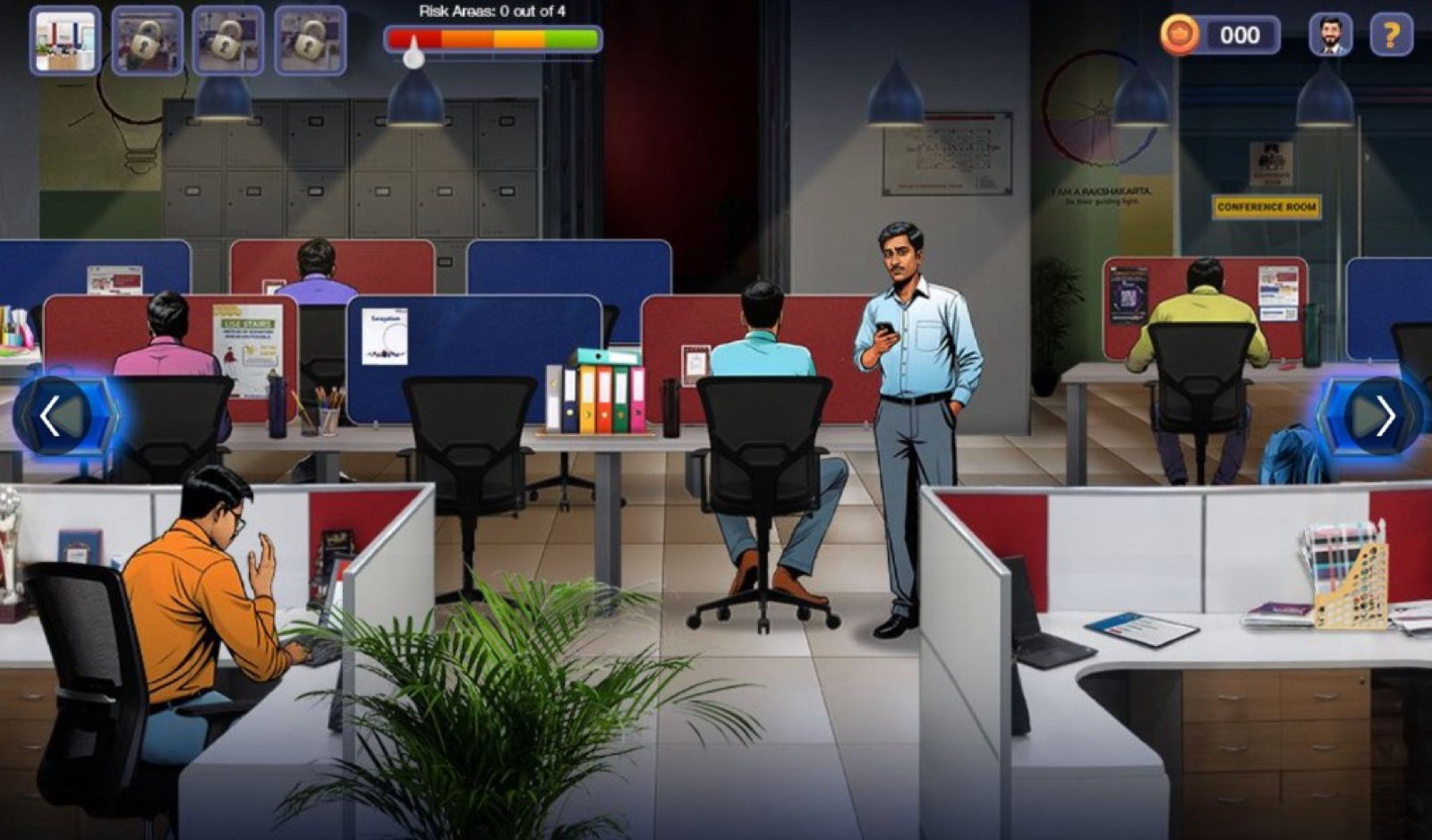 Illustrated office scene from the TATA AIG gamified internal learning experience